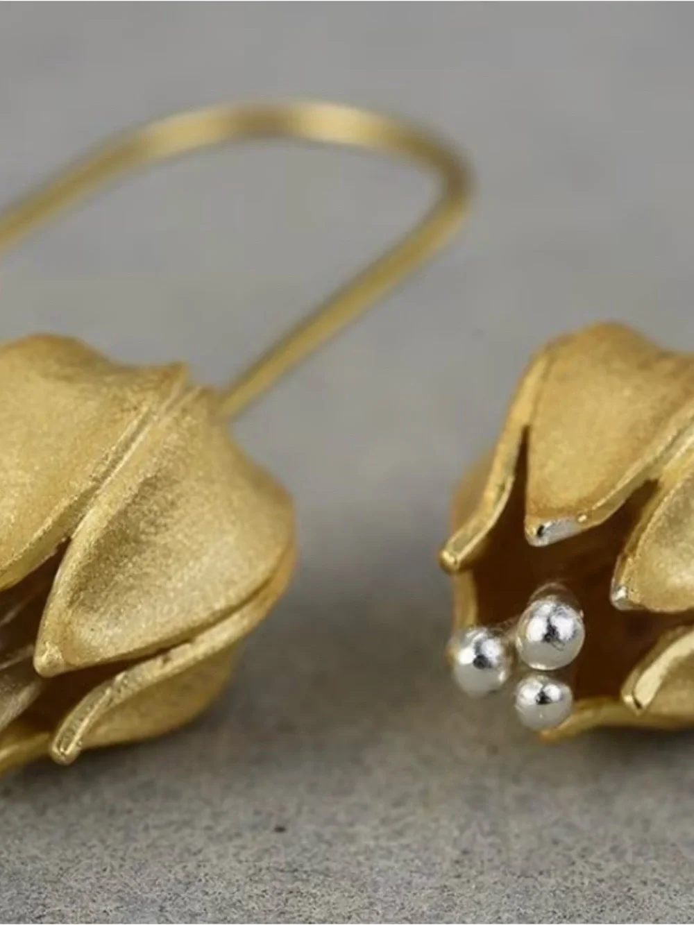 Gold Fushia floral Drop Earrings with Pearl stamens